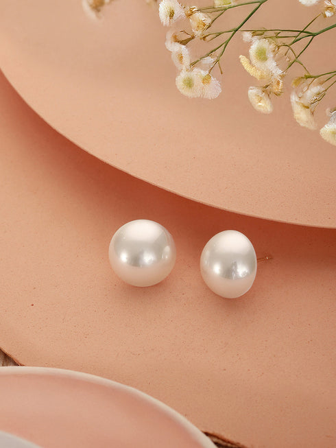 Anti-Tarnish Rhodium Toned Button Pearls Of 16mm Dailywear Studds Earrings
