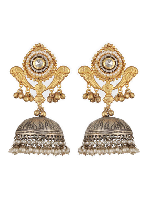 Dual Toned Pearl Beaded Bird Motif Dome Shaped Contemporary Jhumka earrings