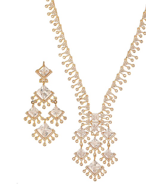 Gold Toned Cubic Zirconia Studded Designer Chandelier Statement Necklace Jewellery Set