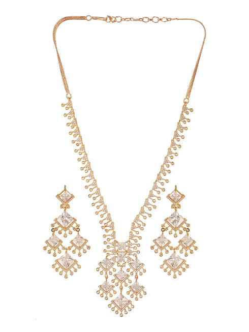 Gold Toned Cubic Zirconia Studded Designer Chandelier Statement Necklace Jewellery Set