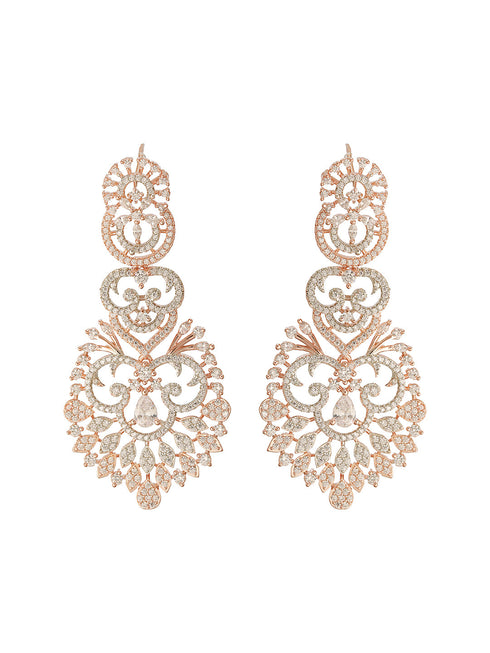 Rose Gold Toned Cubic Zircon Studded Designer Floral Dangler Earrings