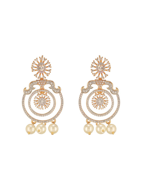 Gold Toned Cubic Zirconia & Pearl Beaded Designer Chandelier Chandbali Drop Earrings