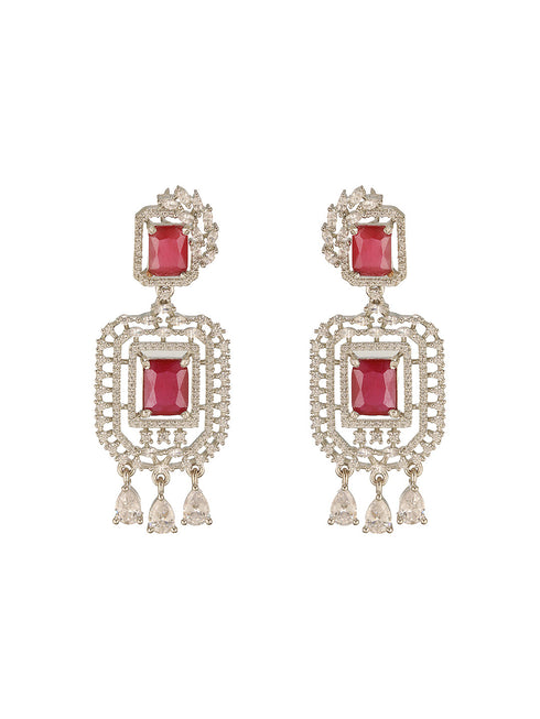 Silver Toned Red Ruby Studded Elegant Cocktail Drop Earrings