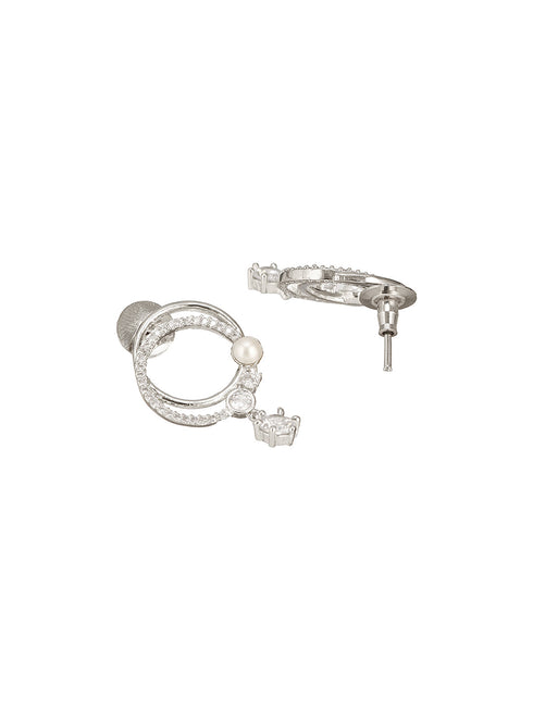 Silver Toned AD Studded Hoop Drop Earrings