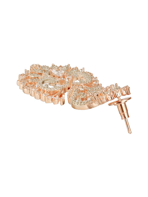 Rose Gold Toned Cubic Zircon Studded Designer Floral Dangler Earrings