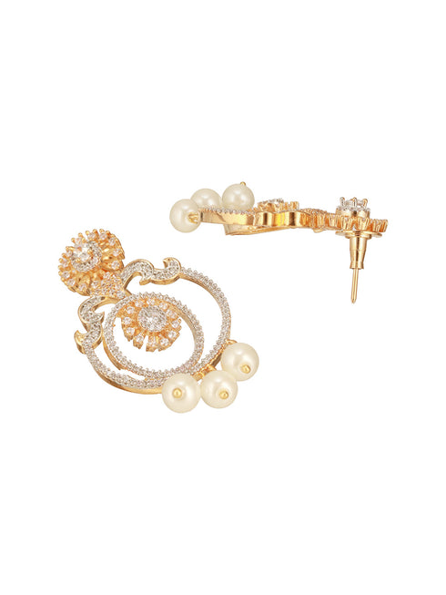Gold Toned Cubic Zirconia & Pearl Beaded Designer Chandelier Chandbali Drop Earrings