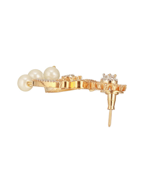 Gold Toned Cubic Zirconia & Pearl Beaded Designer Chandelier Chandbali Drop Earrings