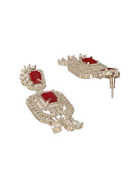 Silver Toned Red Ruby Studded Elegant Cocktail Drop Earrings
