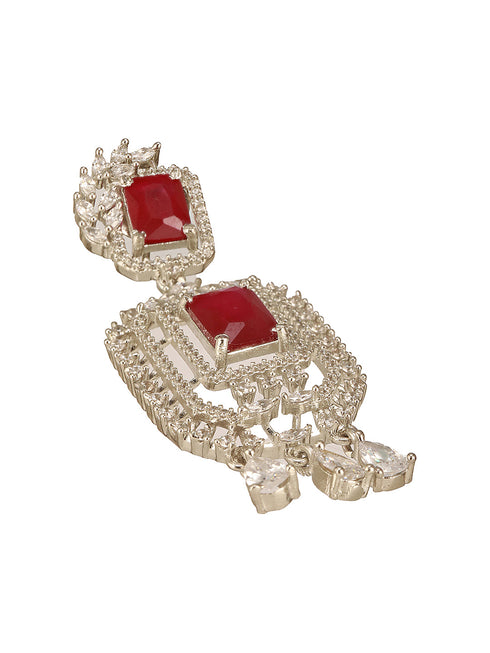 Silver Toned Red Ruby Studded Elegant Cocktail Drop Earrings