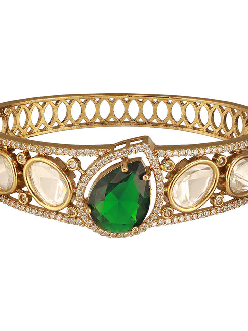Gold Polish Green Emerald Kundan Mossanaite Studded Tilak Shaped Openable Kada Bracelet