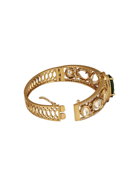 Gold Polish Green Emerald Kundan Mossanaite Studded Tilak Shaped Openable Kada Bracelet