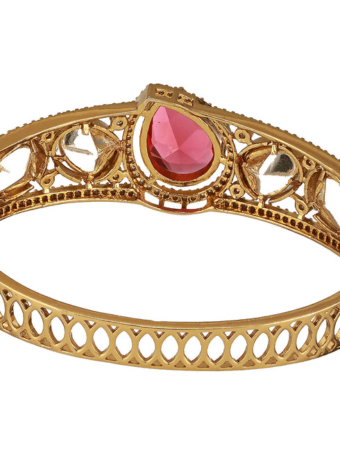 Gold Polish Ruby Red Kundan Mossanaite Tilak Shaped Openable Kada Bracelet