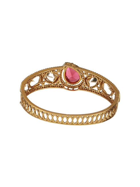 Gold Polish Ruby Red Kundan Mossanaite Tilak Shaped Openable Kada Bracelet