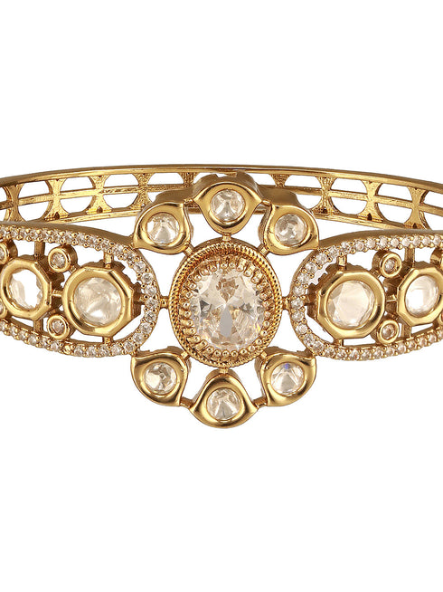 Gold Polish White Kundan Mossanaite Studded Floral Openable Kada Bracelet