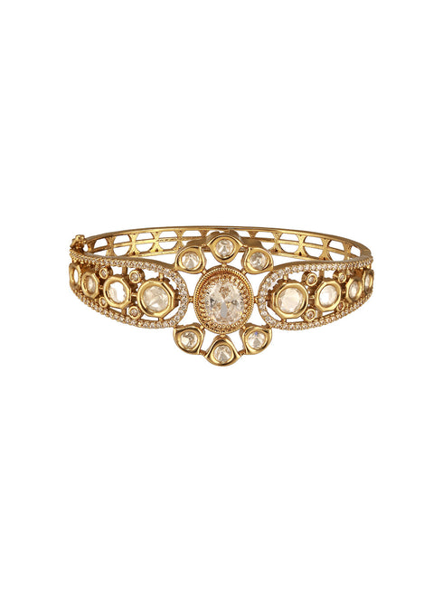 Gold Polish White Kundan Mossanaite Studded Floral Openable Kada Bracelet
