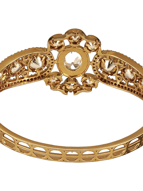 Gold Polish White Kundan Mossanaite Studded Floral Openable Kada Bracelet
