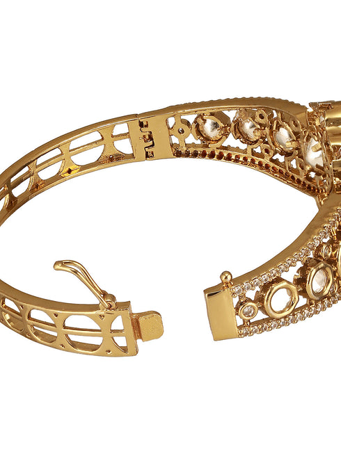 Gold Polish White Kundan Mossanaite Studded Floral Openable Kada Bracelet