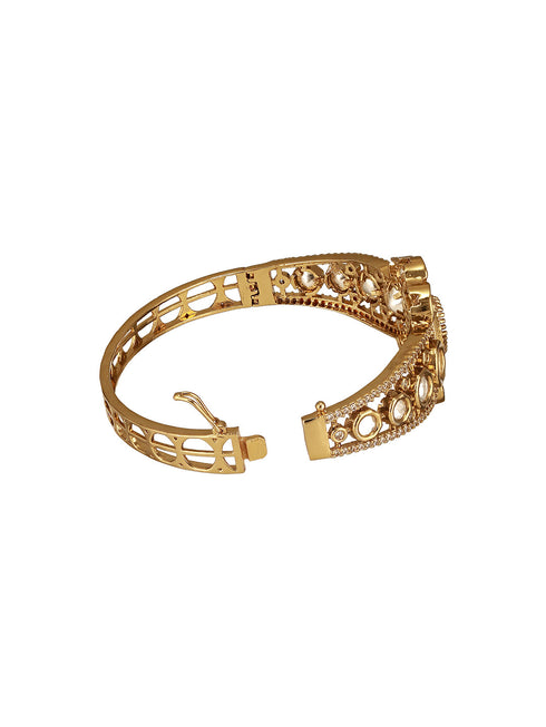 Gold Polish White Kundan Mossanaite Studded Floral Openable Kada Bracelet
