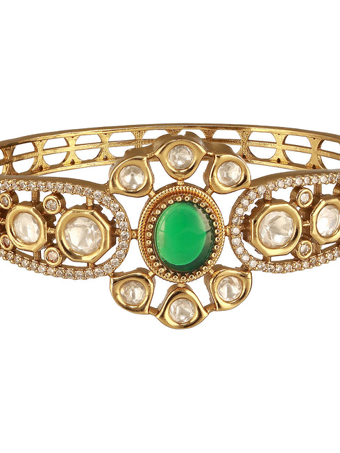 Gold Polish Green Emerald Kundan Mossanaite Studded Floral Openable Kada Bracelet