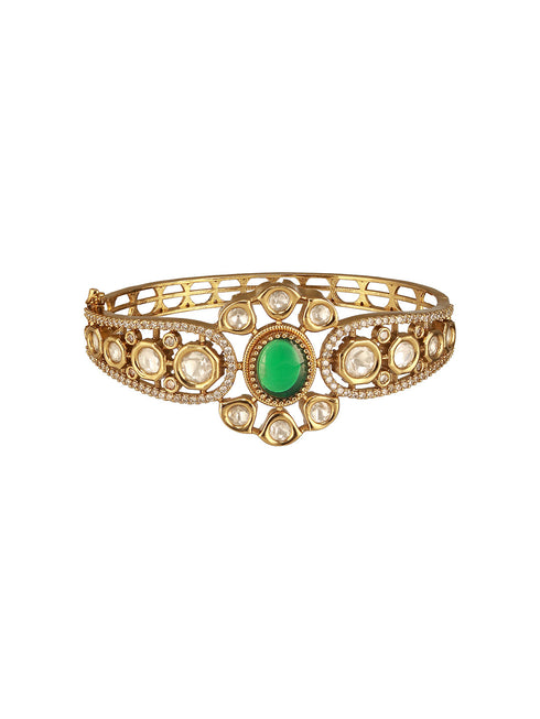 Gold Polish Green Emerald Kundan Mossanaite Studded Floral Openable Kada Bracelet