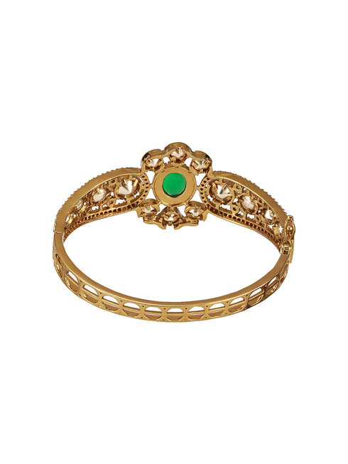 Gold Polish Green Emerald Kundan Mossanaite Studded Floral Openable Kada Bracelet