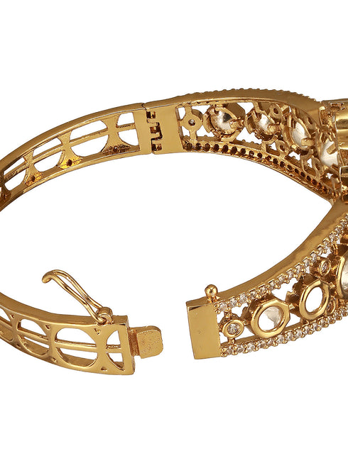 Gold Polish Green Emerald Kundan Mossanaite Studded Floral Openable Kada Bracelet