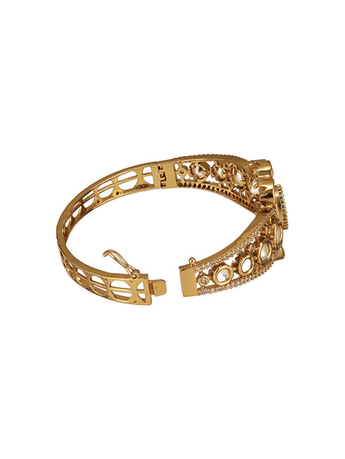 Gold Polish Green Emerald Kundan Mossanaite Studded Floral Openable Kada Bracelet