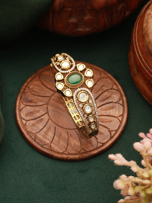 Gold Polish Green Emerald Kundan Mossanaite Studded Floral Openable Kada Bracelet