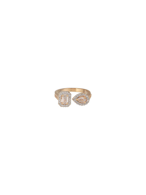 Gold Toned AD Studded Minimal Engagement Solitaire Finger Ring