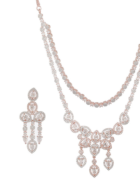 Rose Gold Toned Zircon Studded 2 - Lined Layered Statement Necklace Jewellery Set