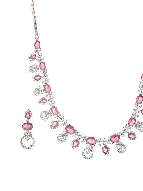 White Rhodium Red Ruby Studded Leaf Design Statement Jewellery Set