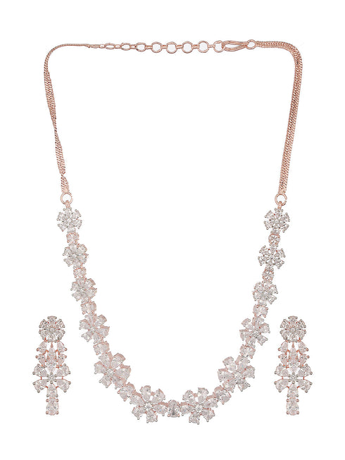 Rose Gold Plated AD Studded Floral Delicate Jewellery Set