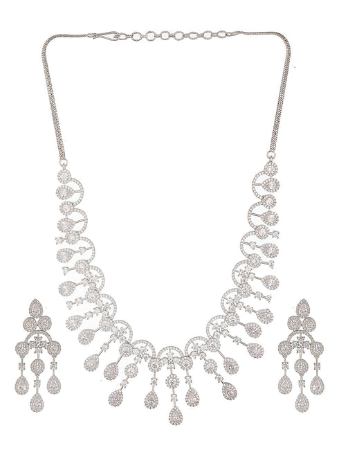Silver Toned AD Studded Luxe Designer Necklace Jewellery Set