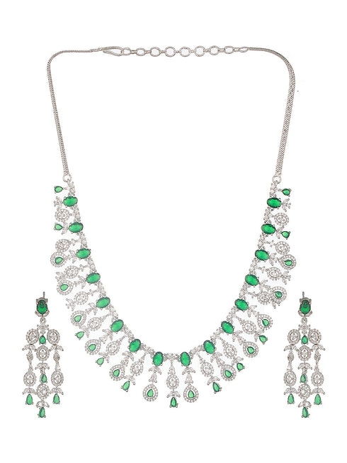 Silver Toned Emerald Green AD Studded Statement necklace Jewellery Set