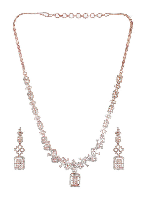 Rose Gold Toned AD Studded Geometric Pattern Minimal Pendant jewellery Set