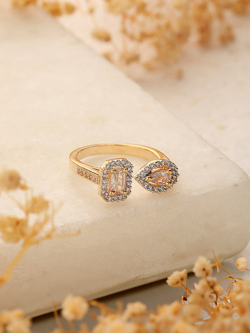 Gold Toned AD Studded Minimal Engagement Solitaire Finger Ring