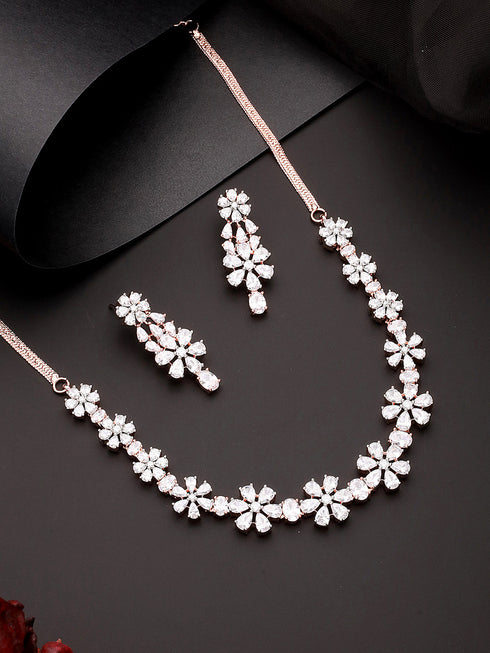 Rose Gold Plated AD Studded Floral Delicate Jewellery Set
