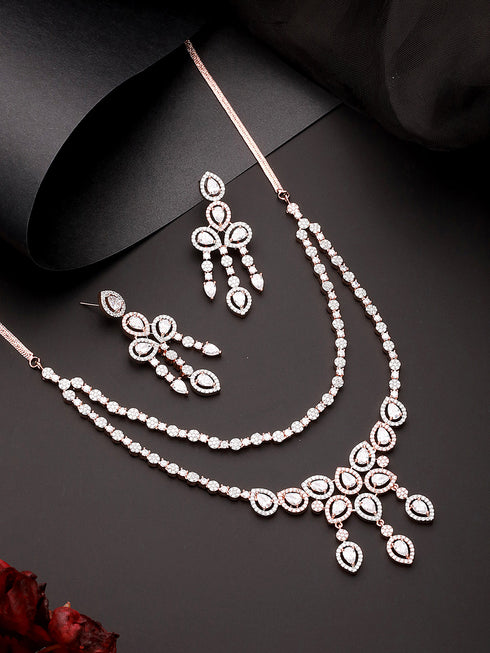 Rose Gold Toned Zircon Studded 2 - Lined Layered Statement Necklace Jewellery Set