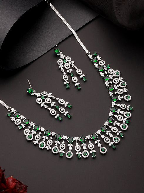 Silver Toned Emerald Green AD Studded Statement necklace Jewellery Set