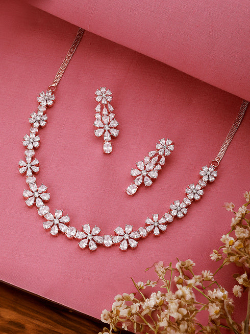 Rose Gold Plated AD Studded Floral Delicate Jewellery Set