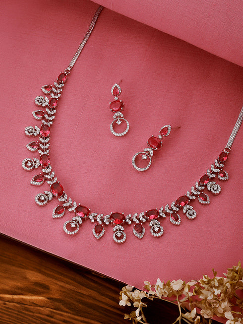 White Rhodium Red Ruby Studded Leaf Design Statement Jewellery Set