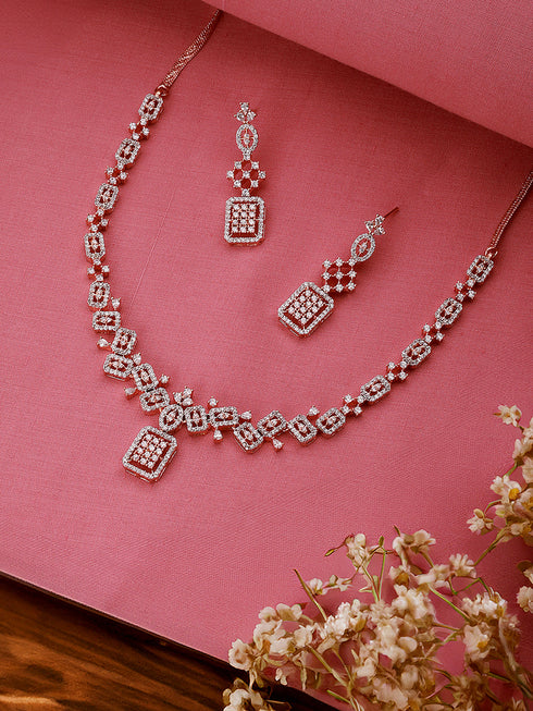Rose Gold Toned AD Studded Geometric Pattern Minimal Pendant jewellery Set
