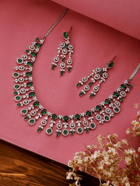 Silver Toned Emerald Green AD Studded Statement necklace Jewellery Set