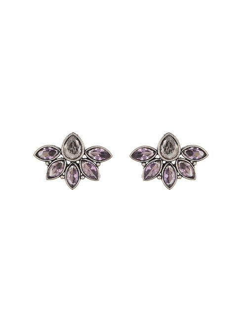 Silver Oxidised Finish Stone Studded Flower Motif Collar Necklace Jewellery Set