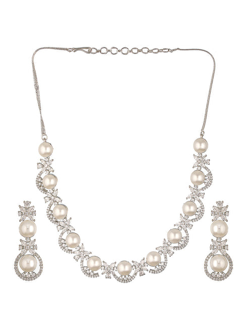Silver Toned AD & Pearl Beaded Statement Necklace Jewellery Set
