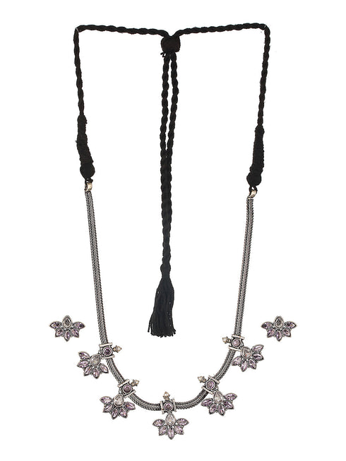 Silver Oxidised Finish Stone Studded Flower Motif Collar Necklace Jewellery Set