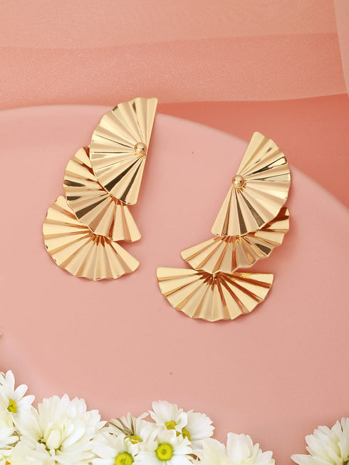 Anti-Tarnish Gold Plated Striped Three Layered Drop Earrings