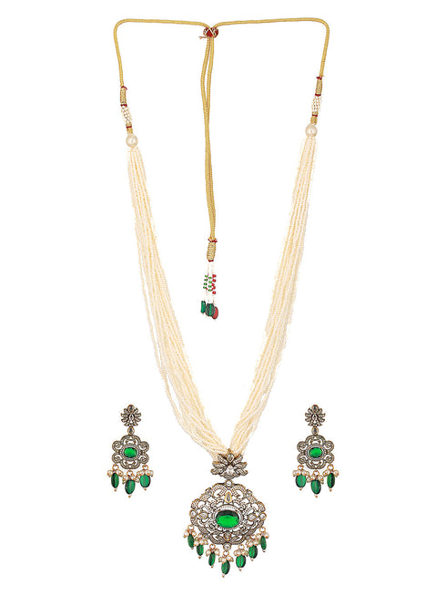 Gold-Plated Green Uncut Polki & Faux Pearl Beaded Long Jewellery Set