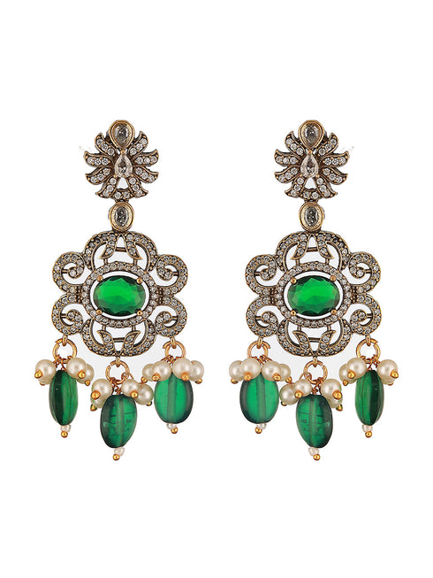 Gold-Plated Green Uncut Polki & Faux Pearl Beaded Long Jewellery Set