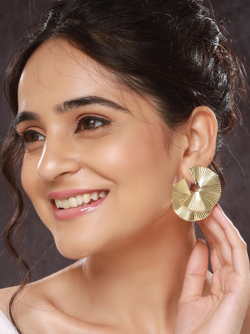 Anti-Tarnish Gold Plated Fan Shaped Disc Studds Earrings